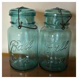 Six Vintage Blue Ball Glass Jars