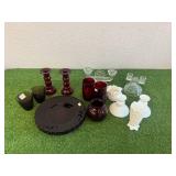 Fostoria Candlestick, Red Glass & Milk Glass