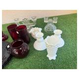 Fostoria Candlestick, Red Glass & Milk Glass