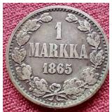 1865 Finland Silver 1 Markka Coin