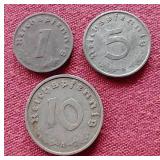 (3) German Third Reich Coins - 1/5/10 Pfennig