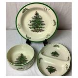 Vintage Spode Christmas Tree Imperial Cookware Stone China Souffle Dish, Large 11.5" Rimmed Serving Bowl and 11.5" Oval Divided Dish
