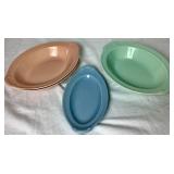 Vintage Lu-Ray Pastels 10.5" Oval Ceramic Serving Dishes (2 Pink, 1 Green) and 9.5" Blue Oval Pickle Dish