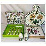 Portmeirion Botanic Garden Trivet, Salt & Pepper, Cheese Slicer Board, Cheese Knife & Spreader and Melamine Chopping Board