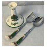 Vintage Spode Christmas Salad Servers and Candlestick Holder