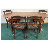 Antique Drop Leaf Dining Room Table on Wheels and 4 Antique Chairs