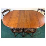 Antique Drop Leaf Dining Room Table on Wheels and 4 Antique Chairs