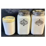 Vintage Hazel Atlas Black Badge White Milk Glass Shaker and Resinol Soap Milk Glass Jar