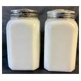 Vintage Hazel Atlas Black Badge White Milk Glass Shaker and Resinol Soap Milk Glass Jar