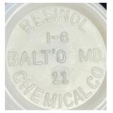 Vintage Hazel Atlas Black Badge White Milk Glass Shaker and Resinol Soap Milk Glass Jar