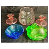 Depression Glass Bundle - LE Smith Green Glass Bunny, Vintage Cobalt Blue Candlestick Holder, Pink 4.5" H Vase and Pair of Pink Swirl Candle Holders