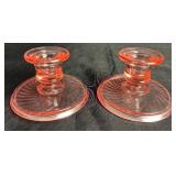 Depression Glass Bundle - LE Smith Green Glass Bunny, Vintage Cobalt Blue Candlestick Holder, Pink 4.5" H Vase and Pair of Pink Swirl Candle Holders