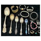 Collection of Sterling Silver includes spoons, bracelets, earrings, rings and more