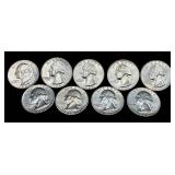 Nine 1964 90% Silver George Washington Quarters