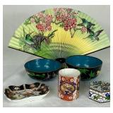 Cloisonne Rice Bowls and Trinket Box plus Hokutosha Occupied Japan Trinket Tray & Demitasse Cup