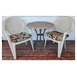 Wrought Iron and Stone Top Patio Table 28" W x 28.5" H and 2 Chairs 23" W x 35" H x 18" D. 17" Seat Height
