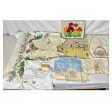 Vintage Linen Collection and Floral Crewel Embroidery Framed Artwork