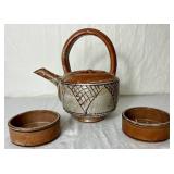 Long Handled Pottery Teapot and Matching Bowls