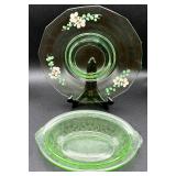 Vintage Indiana Glasss Uranium Glass Oval Serving Dish and Uranium Glass Plate with Hand Painted Flowers