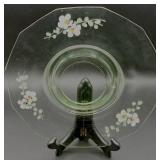 Vintage Indiana Glasss Uranium Glass Oval Serving Dish and Uranium Glass Plate with Hand Painted Flowers