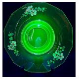 Vintage Indiana Glasss Uranium Glass Oval Serving Dish and Uranium Glass Plate with Hand Painted Flowers