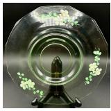 Vintage Indiana Glasss Uranium Glass Oval Serving Dish and Uranium Glass Plate with Hand Painted Flowers