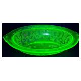 Vintage Indiana Glasss Uranium Glass Oval Serving Dish and Uranium Glass Plate with Hand Painted Flowers