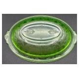 Vintage Indiana Glasss Uranium Glass Oval Serving Dish and Uranium Glass Plate with Hand Painted Flowers