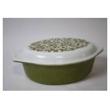 Vintage Green and White Covered Casserole Dish with Floral Pattern