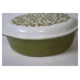 Vintage Green and White Covered Casserole Dish with Floral Pattern