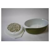 Vintage Green and White Covered Casserole Dish with Floral Pattern