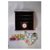 Wooden Display Rack with Clock and Assorted Golf Balls and Tees