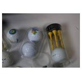 Wooden Display Rack with Clock and Assorted Golf Balls and Tees