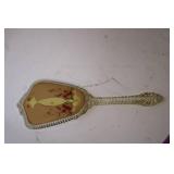 Vintage Handheld Mirror with Ornate Carved Handle and Floral Artwork