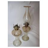 Pair of Antique Glass Oil Lamps with Chimney and Burner