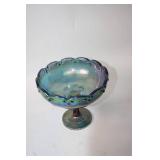 Iridescent Blue Carnival Glass Compote Bowl