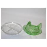 Vintage Glass Hen on Nest Dish and Divided Clear Glass Plate
