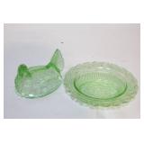 Vintage Glass Hen on Nest Dish and Divided Clear Glass Plate