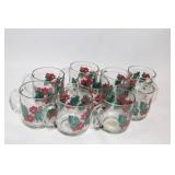 Set of 9 Holiday Glass Mugs with Floral Design