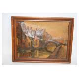 Vintage Framed Oil Painting of European Canal Scene