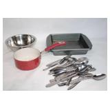 Kitchen Cookware and Utensil Set including Pans and Cutlery
