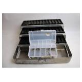 Vintage Metal Fishing Tackle Box with Folding Trays and Hooks