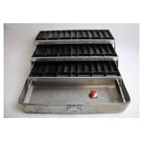 Vintage Metal Fishing Tackle Box with Folding Trays and Hooks
