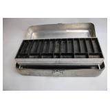 Vintage Metal Fishing Tackle Box with Folding Trays and Hooks