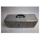 Vintage Metal Fishing Tackle Box with Folding Trays and Hooks