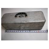 Vintage Metal Fishing Tackle Box with Folding Trays and Hooks