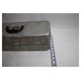Vintage Metal Fishing Tackle Box with Folding Trays and Hooks