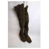 Pair of Olive Suede Over-the-Knee Lace-Up Boots - Size 7.5