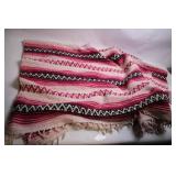 Vintage Mexican Handwoven Blanket with Fringe - Pink and Black