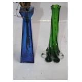 Set of 2 Vintage Glass Vases: Blue and Green
